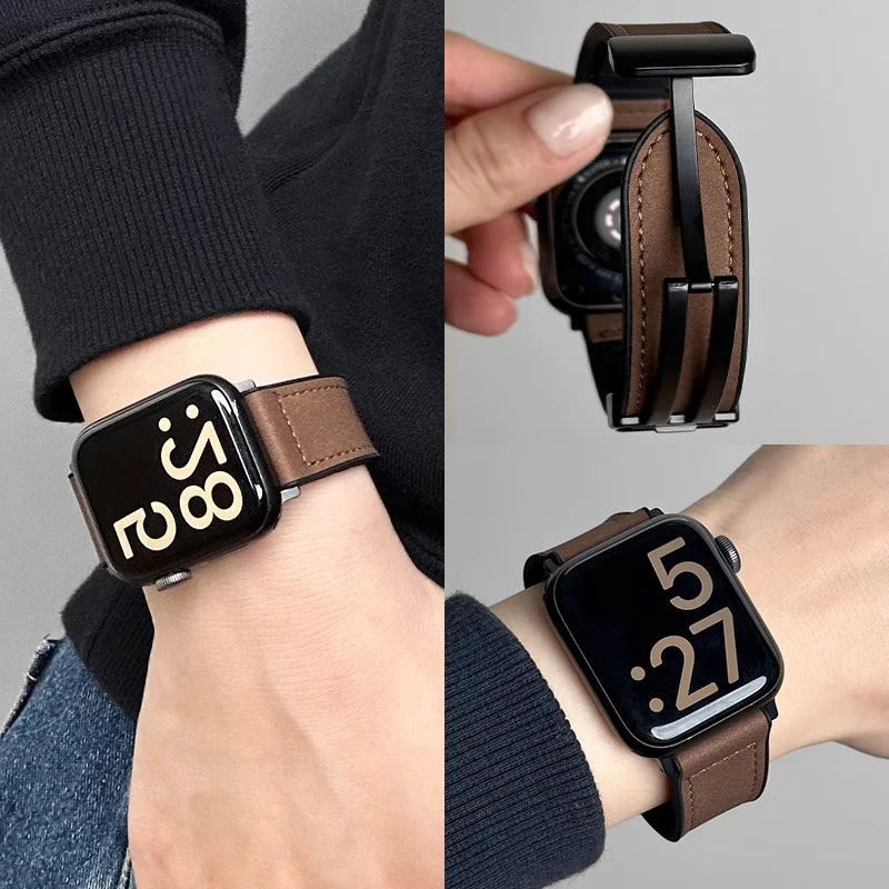 Bracelet magnétique en cuir & silicone pour Apple Watch Ultra 2/Series 10/9/8/SE/3