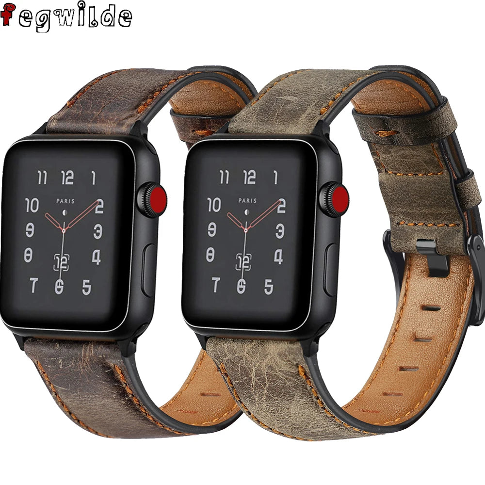 Bracelet rétro en cuir de vache pour Apple Watch Ultra 2/Series 10/9/8/7/6/5/4/3/SE