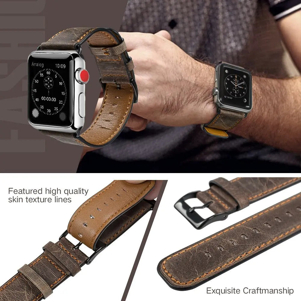 Bracelet rétro en cuir de vache pour Apple Watch Ultra 2/Series 10/9/8/7/6/5/4/3/SE